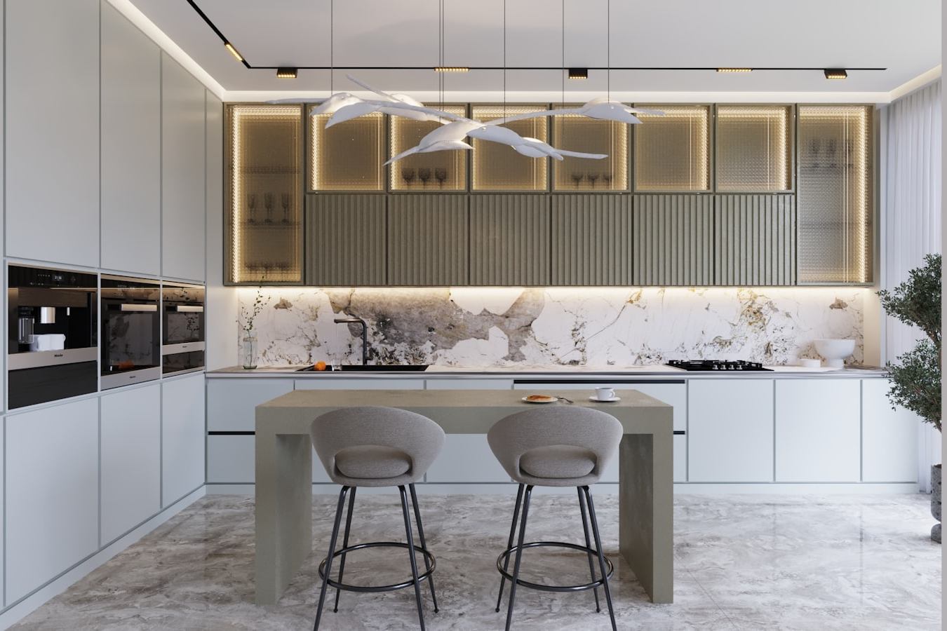 Cocina reformada en Valencia con muebles a medida y encimera de porcelánico